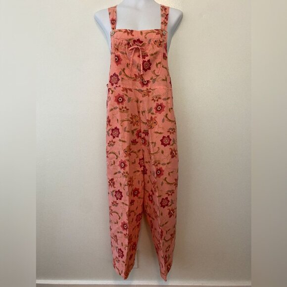 Two Star Dog Pink Floral Linen Crop Overalls Womens Medium - Picture 1 of 9